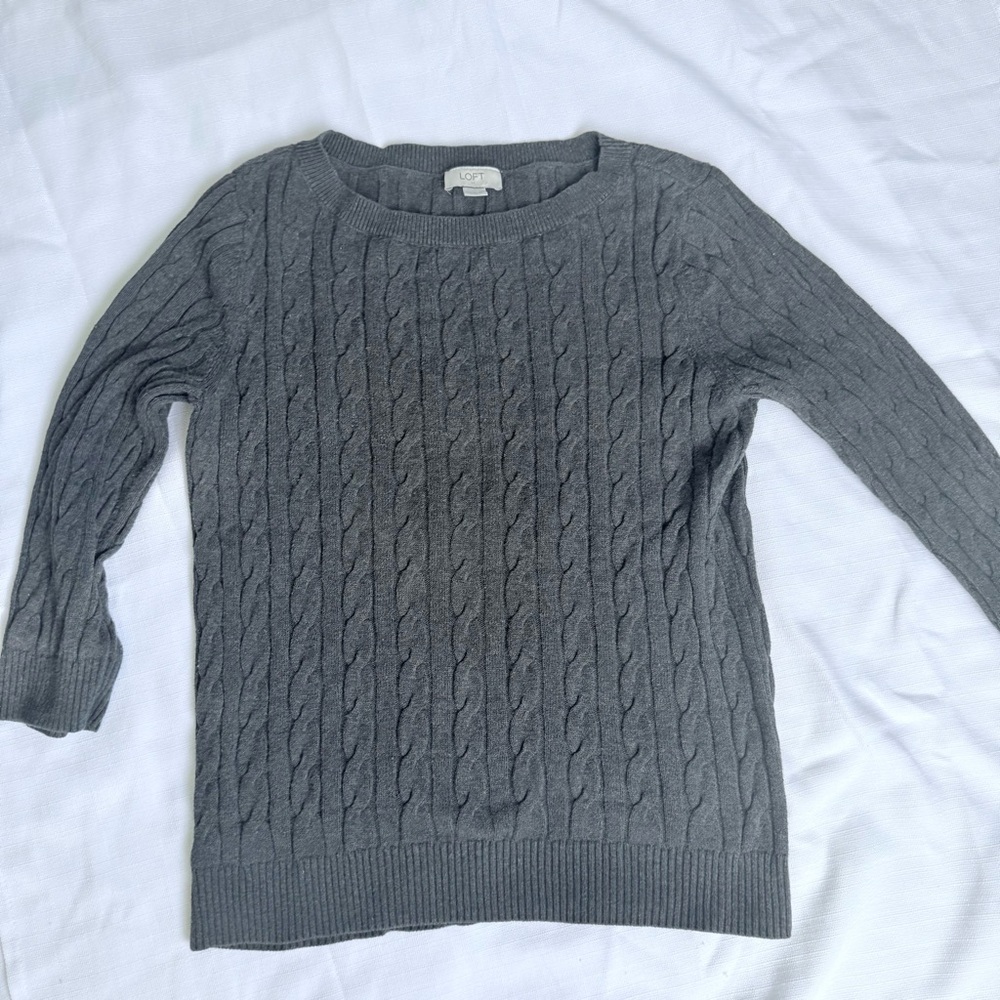 LOFT Gray Cable Knit Scoop Neck Sweater 3/4 sleeve 100% Cotton Size Large